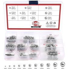 Edelstahlkugeln, Kugellagerkugeln, 510-teiliges Sortimentsset, 304 Grad glatte Kugeln, Set für Instrumente, Ventile, DIY-Projekte