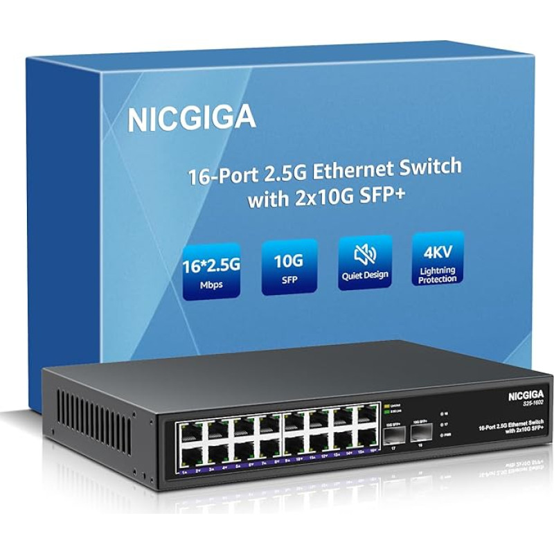 16 prievadų 2,5G + 2 prievadų 10G SFP+ Ethernet komutatorius, NICGIGA 18 prievadų 2,5Gb tinklo komutatorius, nevaldomas, 