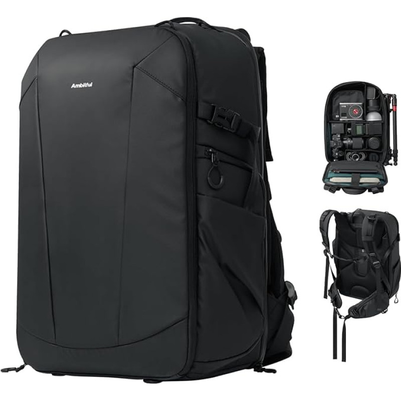 AMBITFUL Didelė fotoaparato kuprinė DSLR/SLR veidrodiniam fotoaparatui Ergonomiška pakabinama profesionali lauko fotografijos kuprinė, atspari vandeniui, su trikojo laikikliu ir nešiojamojo kompiuterio skyriumi, juoda (25L + 3L, OM-28)