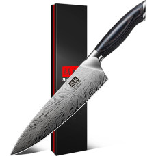 SHAN ZU virėjo peilis iš miltelinio plieno, japoniškas virtuvinis peilis, 20 cm, profesionalus virėjo peilis su dideliu anglies kiekiu, ultragarsinis aštrus virtuvinis peilis su ergonomiška pilnavidure rankena, pagaminta iš Pakka medienos