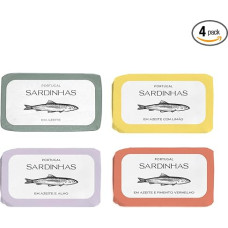 Feinkost Machado - 4 sardinių alyvuogių aliejuje rinkinys (po 160 g) | Klasikinės, su citrina, česnakais ir pipirais | Viduržemio jūros gėrybės iš Portugalijos - švelnios, aštrios ir aromatingos | Puikiai tinka salotoms ir užkandžiams