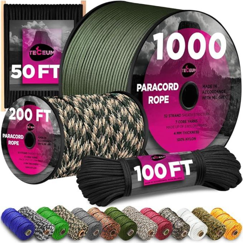 TECEUM Paracord 750lb Black - 305m - 4mm - Nailonas - Sunkiasvorė taktinė parašiutinė virvė pagal MIL-SPEC - Išgyvenimo virvė ekstremalioms situacijoms - EDC, stovyklavimo, žygių įranga (1000ft) 016a