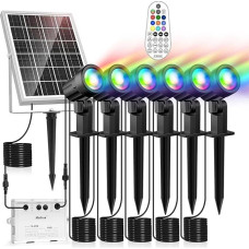 MEIHUA Saulės žibintai, skirti naudoti lauke, saulės prožektoriai, RGB sodo šviesos su nuotolinio valdymo pulteliu, atsparūs vandeniui IP66, 10 spalvų, 30 ciklo režimų, RGB sodo apšvietimas sodams, Kalėdoms, Helovinui, 6 vnt.