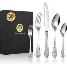 BEWOS 30-Piece Silver Palace Cutlery Set, High-Quality Stainless Steel Cutlery, Embossed Design Handles, Banquet Flatware Set, Stunningly Polished and Gift Wrapped, Dishwasher Safe