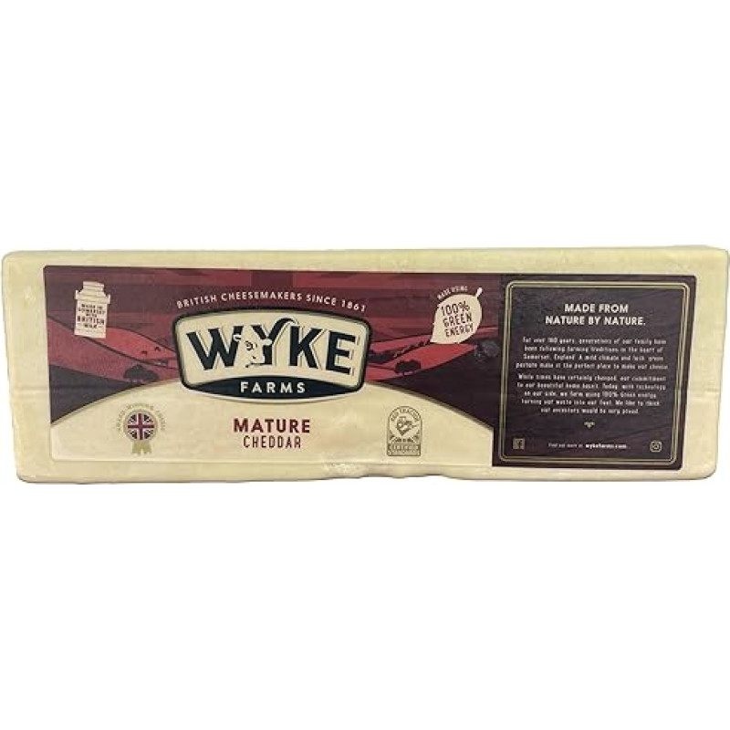 „WYKE CHEDDAR“ SŪRIO BLOKAS, 2,5 kg, DOP, brandintas čedaro sūris, brandintas 12 mėnesių, angliško pjovimo sūris, puikiai tinka mėsainiams, makaronams, picai ir makaronams su sūriu