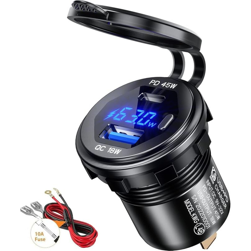 Thlevel USB C Steckdose 12V / 24V Auto Ladegerät 45W PD Type C & 18W QC3.0 USB mit LED Digital Voltmeter Anzeige und Schalter Handy Schnellladung Wasserdicht für KFZ Fahrzeuge Boot Motorrad