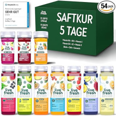 „LiveFresh“ sulčių programa, 5 dienos – 35 sulčių (250 ml) ir 15 koncentratų (60 ml), išspaustos šaltuoju būdu¹ – ekologiški sultiniai, makaronai, arbata ir glukomananas