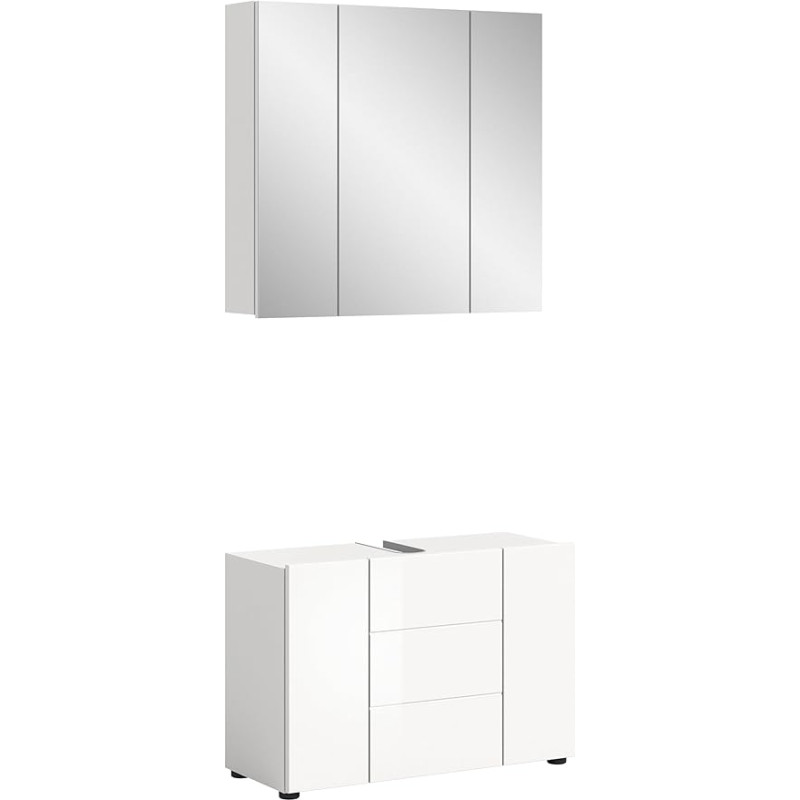 xonox.home – „Vira“ vonios kambario komplektas su apšvietimu, 3 dalių rinkinys, 82 x 190 x 34 cm, baltos spalvos melamino ir balto blizgaus paviršiaus – vonios kambario rinkinys, vonios kambario komplektas, vonios kambario baldai – funkcionalus, lengvai p