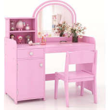 DREAMADE 2-in-1 Children's Dressing Table with Stool and LED Mirror, Princess Dressing Table with Drawer & Shelf & Cabinet, Makeup Cosmetic Table, Children's Wooden Dressing Table for Children (Pink)