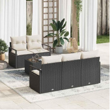 Garten Sofa Set 6-teilig schwarz Creme Poly Rattan mit Glasplatte Gartenmöbel Set 6 Stück Poly Rattan Sofagarnitur
