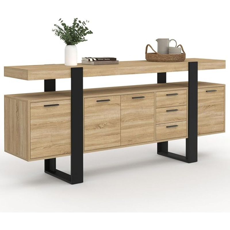 IDMarket – „Phoenix XXL“ bufetas, 180 cm, 4 durys ir 3 stalčiai, medžio ir juodos spalvos