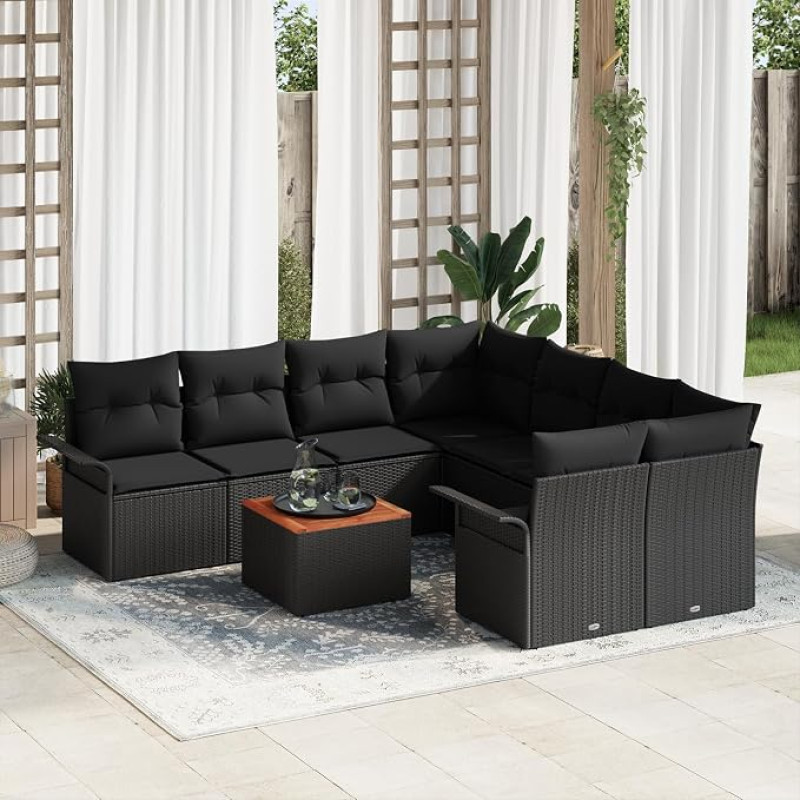 Rantry 9-teiliges Garten-Sofa-Set mit Kissen Schwarz Poly-Rattan Akazie, 2-Sitzer Garten-Sofa mit Stauraum und Kissen Schwarz Poly-Rattan Gartenlounge Model3355979