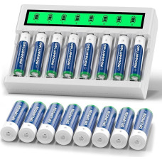 AA, AAA, NiMH baterijų įkroviklis su 8 AA + 8 AAA baterijų lizdais, 3300 mAh ir 1100 mAh talpos, 8 elementai, įkraunamos 1,2 V NiMH baterijos, didelės talpos, 1200 įkrovimo ciklų