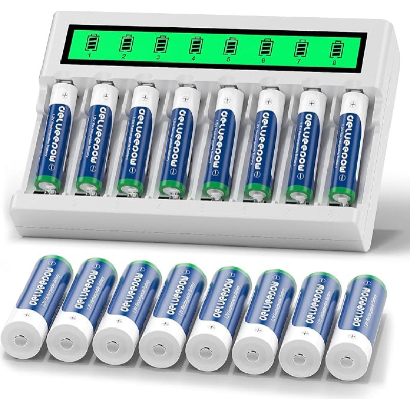 AA, AAA, NiMH baterijų įkroviklis su 8 AA + 8 AAA baterijų lizdais, 3300 mAh ir 1100 mAh talpos, 8 elementai, įkraunamos 1,2 V NiMH baterijos, didelės talpos, 1200 įkrovimo ciklų