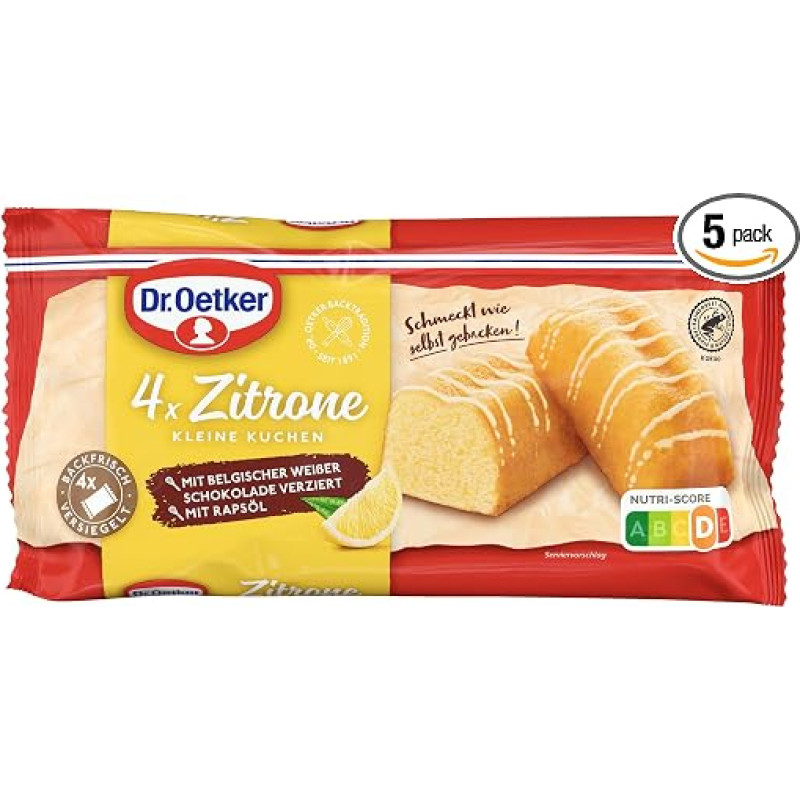 „Dr. Oetker“ paruoštas mažas citrinų pyragaitis, 4 vnt. pakuotė, po 5 x 4 x 35 g, mini citrinų pyragaitis su citrinų glazūra, supakuoti atskirai, paruošti valgyti, puikiai tinka kelionėms
