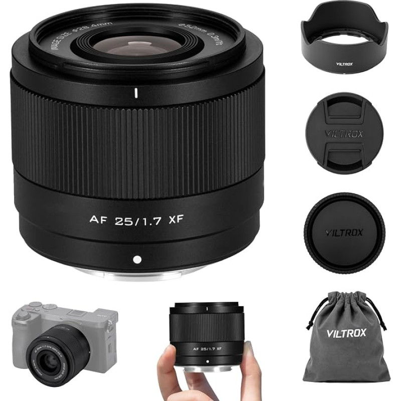 VILTROX 25 mm F1.7 „Air XF“ objektyvas su automatiniu fokusavimu, skirtas „Fuji XF“ jungties objektyvams. APS-C standarto objektyvas su didele diafragma, suderinamas su „Fuji X-T2“, „X-T3“, „X-T4“, „X-T10“, „X-T20“, „X-T30“, „XT30II“, „X-H2“ ir „X-H2S“