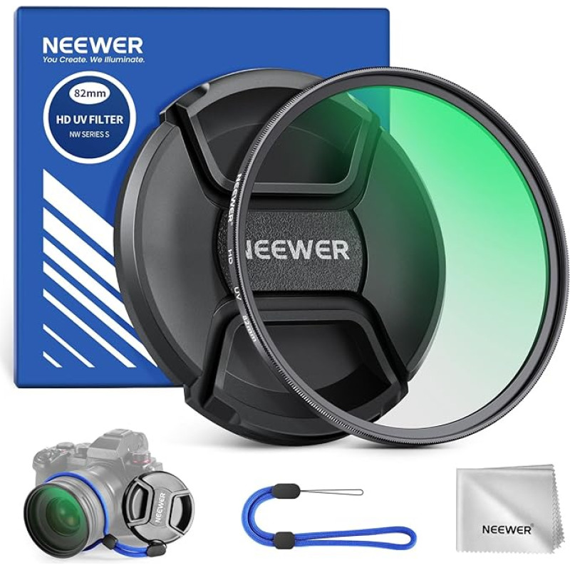 „NEEWER“ 82 mm MC UV apsauginis filtras su objektyvo dangteliu, daugiafunkcinės nano dangos / optinis HD stiklas / vandens atsparus / atsparus įbrėžimams / itin plonas aliuminio lydinio rėmas / ultravioletinis filtras