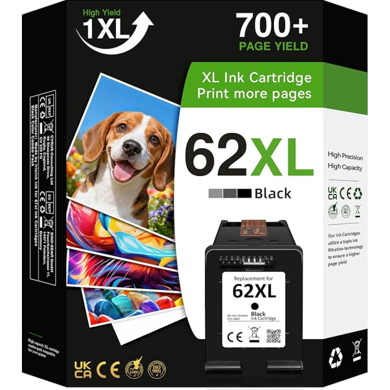 62XL High Yield Black Ink Cartridge Compatible with HP 62 Printer Cartridges Up to 700 Pages for OfficeJet 200 250 5740 5742 and Envy 5540 5544 5545 5548 5640 5646 7640