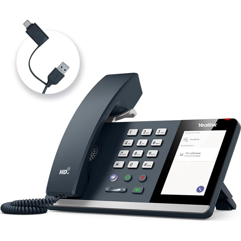 „Yealink MP45“ USB „Teams“ telefonas, laidinis stalinis telefonas darbui, sertifikuotas „Microsoft Teams“ ir „Skype for Business“ sistemoms, maitinamas iš kompiuterio per USB-A/C jungtį