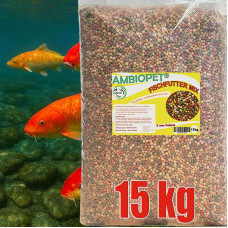Koi Food, 4 Varieties Mix, Floating 6 mm Pellets in 15 kg Bag for Year-Round Daily Feeding with Wheat Germ, Peppers, Spirulina and Oils
