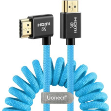 Uonecn HDMI 2.1 8K 60Hz 48Gbps High Speed Coiled Cable for Camera & Monitor, Compatible with Atomos Ninja V, Portkeys BM5, Sony A7IV, Z CAM E2/F6, BMPCC 4K/6K, Blue, Straight to Left Angle