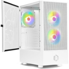 EMPIRE GAMING – „Sapphire“ žaidimų kompiuterio korpusas – ARGB „Media Tower“ ATX/Micro-ATX/ITX – šoninis skydelis iš grūdinto stiklo – 3 vėdinimo ventiliatoriai su 3 kontaktų 5 V LED RGB adresuojamais šviesos šaltiniais, 120 mm – MB Sync – balta