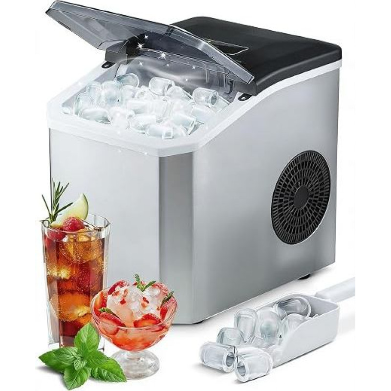 Stalinis ledo kubelių gaminimo aparatas, 9 kubeliai per 6 minutes, ledo kubelių gaminimo aparatas, 15 kg per 24 valandas, ledo gaminimo aparatas namams, 2 skirtingi kubelių dydžiai, 1,5 l, ledo mentelė ir krepšelis, savaiminio valymo funkcija, nešiojamas,