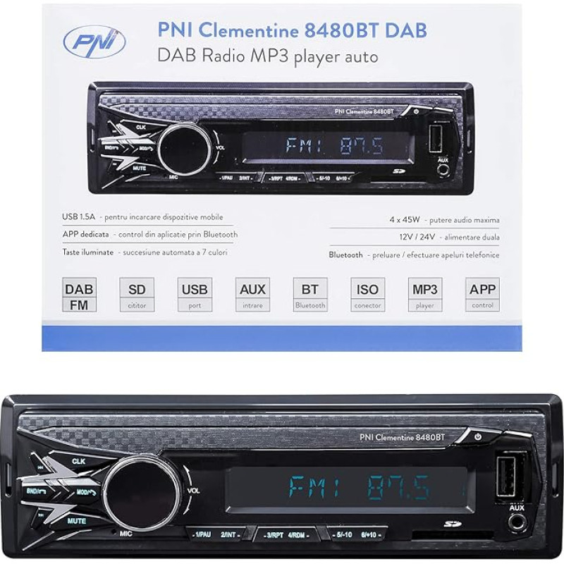 DAB MP3 Car Radio PNI Clementine 8480BT 4 x 45 W 12/24 V 1 DIN with SD, USB, AUX, RCA, Bluetooth and USB 1.5 A for Charging the Phone