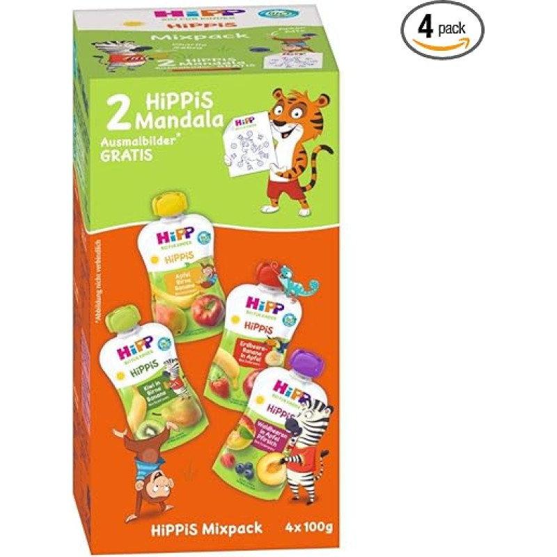 HiPP HiPPiS Squeeze Bags Mix Pack 4 Different Flavours 100% Organic Fruits No Added Sugar 4 x 4 Bags of 100 g