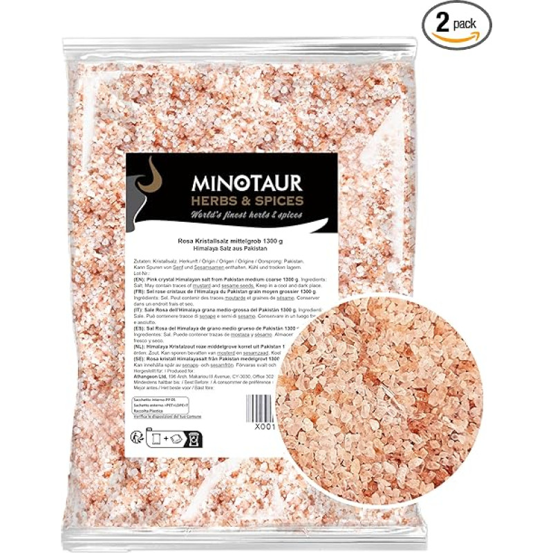 Minotaur Salt Pink Crystal Salt 2 x 1300 g (2.6 kg) Medium Coarse Himalayan Salt from Pakistan for Salt Mill 100% Natural Pure Untreated Pink Salt
