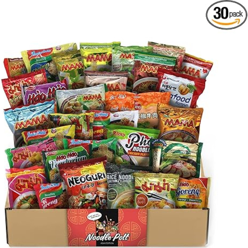 NASCHMASCHINE Asia Instant Noodle Box, 30 Different Varieties of MAMA, Indomie, Asia Ramen Udon from Beef, Pork, Shrimps, Chicken, Vegetable Flavour