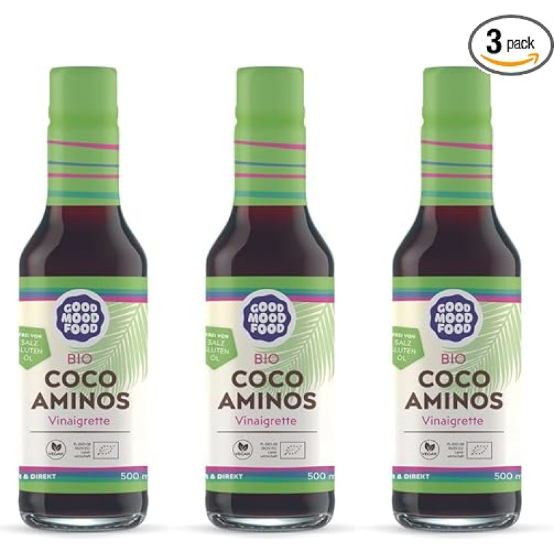 goodmoodfood Ekologiškas Coco Aminos Vinaigrette, veganiškas, be glitimo, be aliejaus, be druskos, 100 % ekologiškas natūralus produktas iš Filipinų, pagamintas iš kokosų žiedų acto ir kokosų žiedų sirupo -