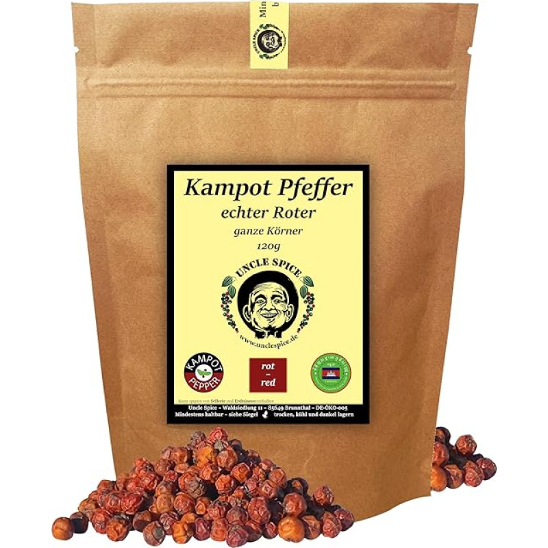 UNCLE SPICE® Red Kampot Pepper - 120 g Real Kampot Pepper Red - Premium Quality - Whole Sun-Dried Pepper Berries, Handpicked with Love from Cambodia, Real Red Pepper
