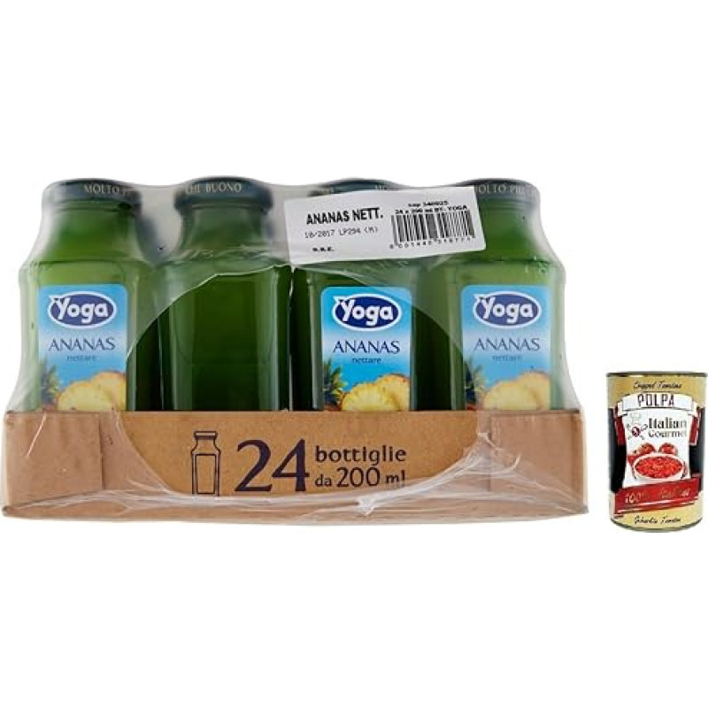 24 x Yoga Succo Pineapple Nettare, ananasų sulčių nektaras, gaivinančios vaisių sultys, tropinio skonio, stiklinė 200 ml + itališka gurmaniška Polpa di Pomodoro 400 g skardinė