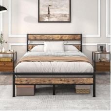 HOJINLINERO Bed Frame Metal Bed Frame Bed Frame Double Bed 120 x 200 cm with Slatted Frame Metal/Wood Headboard for Bedroom Guest Room, Vintage Brown + Black
