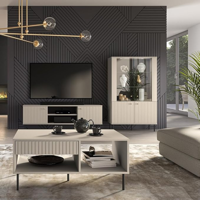 Lomadox Living Room Set in Cashmere Matt Modern 3-Piece with Ribbed Look with Coffee Table, TV Board, Display Cabinet