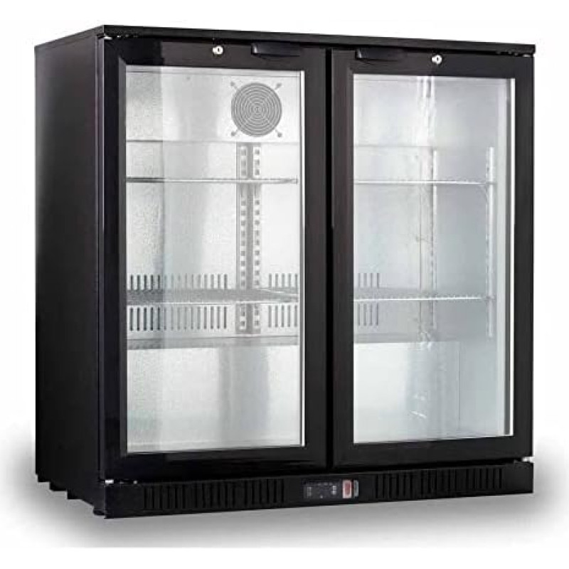 METRO Professional GBC1002 Gėrimų šaldytuvas su 2 stiklinėmis durelėmis, butelių šaldytuvas su 6 lentynomis, D energinė klasė, 160 W, temperatūros diapazonas: nuo 0 iki +10 °C, 200 l, juodos spalvos