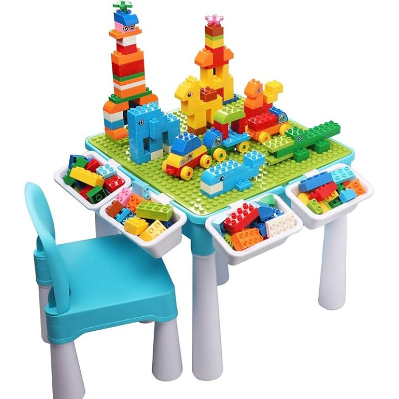 Burgkidz Children’s Activity Table with 1 Chair and Storage Space, Large Creative Blocks, Children’s Learning Toy / Painting Table, Children’s Seat and Table Set.