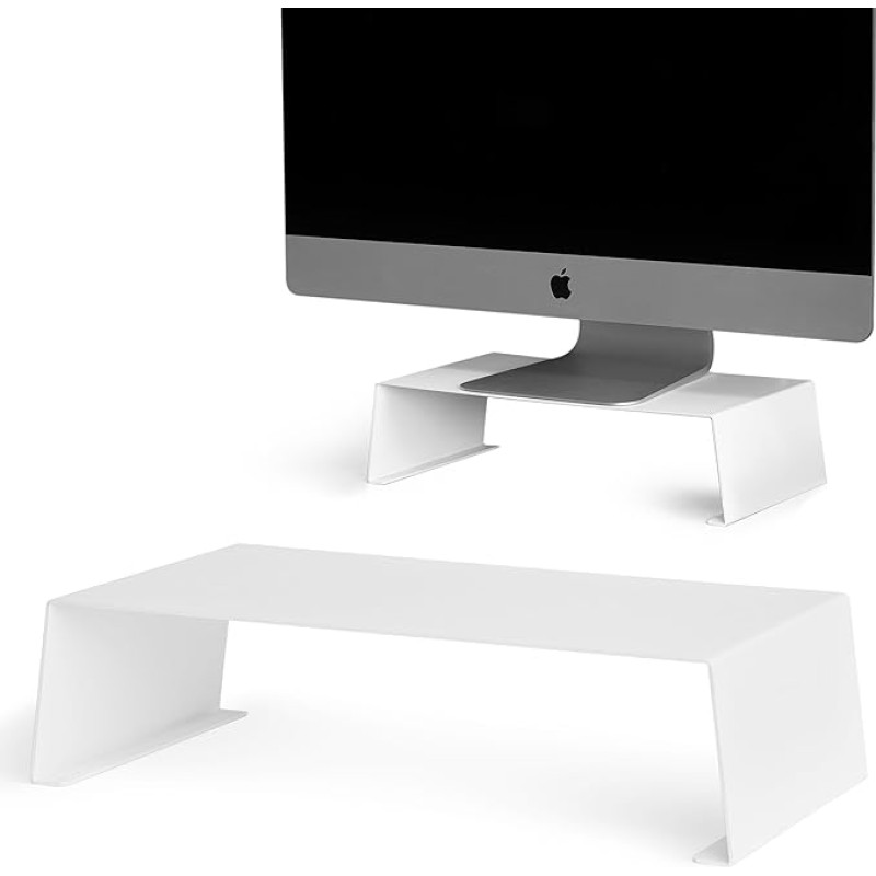 Monitor Stand, Desk Pad, Metal Riser, Height Platform for Computer, Screen, Laptop, Table, Office Ergonomics, Elegant Modern Shelf Design, White