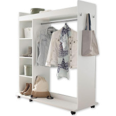 VINNIE atvira drabužių spinta su veidrodžiu ant ratukų, baltos spalvos, mobili drabužių lentyna su sumaniais vidiniais skirtukais, 138 x 150 x 56 cm (plotis x aukštis x gylis)