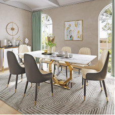 POVISON valgomojo stalas Modernus baltas dirbtinio marmuro stačiakampis stalviršis, auksinės šešiakampės kojos, 140 cm, skirtas 4 asmenims, lengvai montuojamas (be kėdžių)