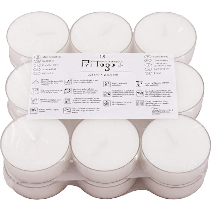 Pritogo, tea lights, maxi XXL plastic case, diameter 5.8 cm x 2.2 cm, soot-free, unscented, catering quality, pack of 18 pieces