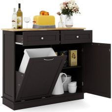 GOPLUS Küchenschrank aus Holz, Sideboard mit großer Arbeitsplatte & 2 Schubladen & Türschrank & Mülltierhalter, Kommode mit Kippsicherung, für Küche & Esszimmer & Badezimmer, ohne Mülleimer (Braun)