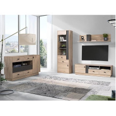 Modernus 4 dalių svetainės baldų komplektas su apatine lenta, vitrina ir bufetu, ąžuolo antracito akcentai