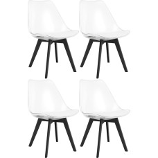 4 skaidrių valgomojo kėdžių rinkinys - stilingos plastikinės kėdės su juodomis polipropileno kojomis, švariomis linijomis ir šiuolaikiniu dizainu
