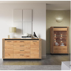 Gyvenamojo kambario baldų komplektas 2 dalių komoda, stalčius, spintelė su apšvietimu Šiuolaikinis ąžuolas su juoda spalva