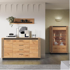 Svetainės baldų komplektas 3 dalių komoda Komoda su stalčiais Sieninė lentyna Vitrina su apšvietimu Modernus ąžuolas su juoda spalva