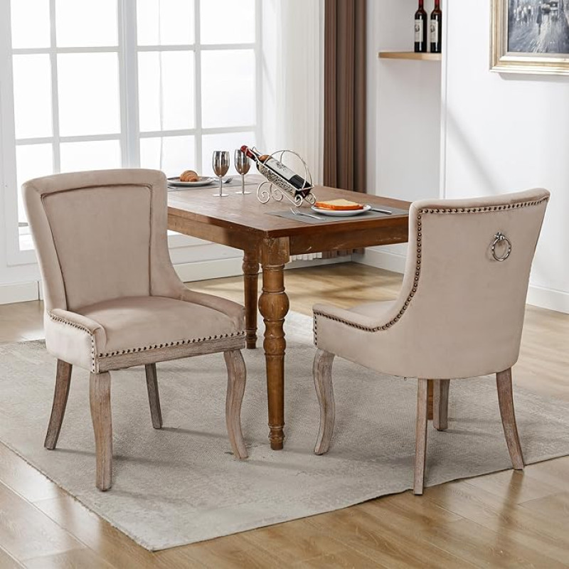 Prabangios valgomojo kėdės, 2 komplektas, virtuvės kėdės, svetainės kėdės, minkštos kėdės su vinių galvutėmis, medžio masyvo kojos, aksominis užvalkalas (be valgomojo stalo), smėlio spalvos (smėlio spalvos, 2 vnt.)