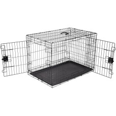Amazon Basics Folding Metal Wire Dog Cage with Bottom Tray, Double Door, Black, L 91 x W 58 x H 64 cm