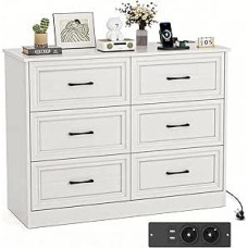Komoda su kištukiniais lizdais, komoda su 6 stalčiais, 2 USB ir 2 kintamosios srovės lizdais, medinė komodos spintelė miegamajam, svetainei, prieškambariui, 106 x 81,5 x 39 cm, balta